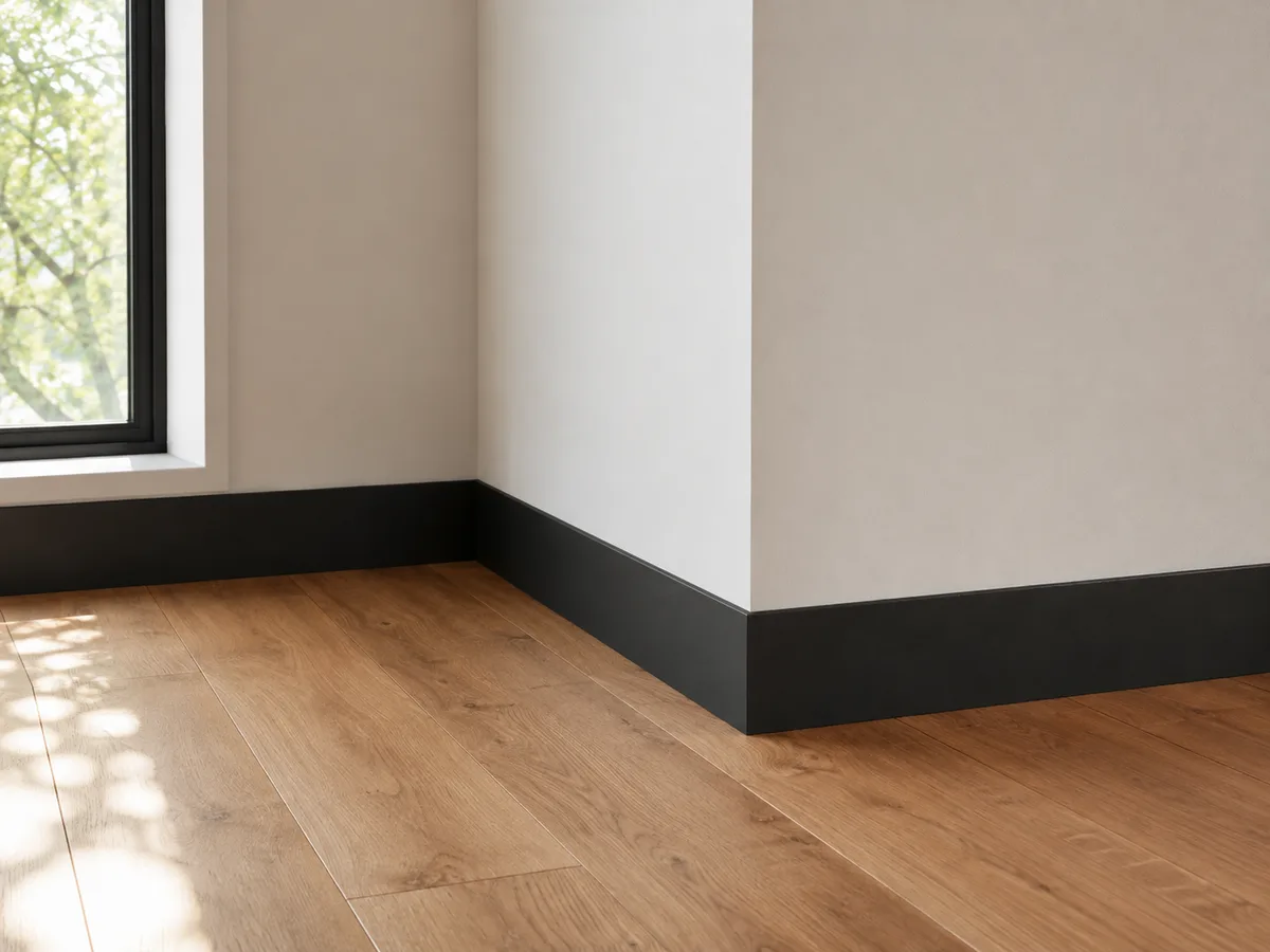 Matte black tall flat-stock baseboard creating sharp contrast with white wall