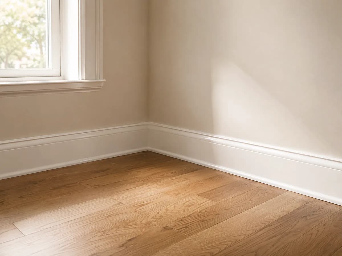 White painted baseboard with classic ogee profile against warm white wall and oak floor
