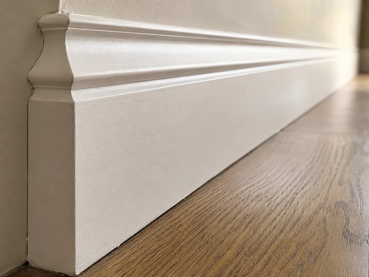 Close-up of flat baseboard with separate decorative cap molding, traditional stepped profile