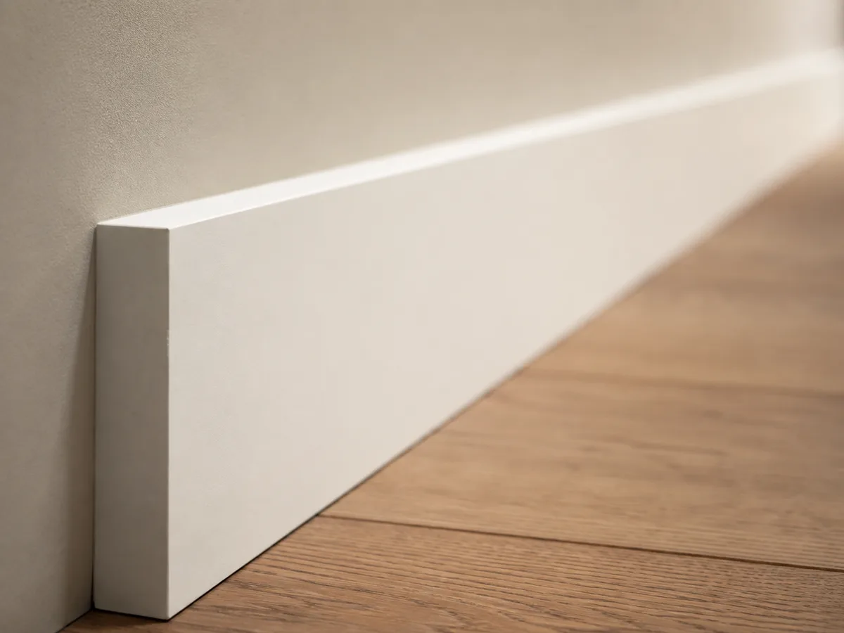 Close-up of flat stock baseboard profile with clean square top edge