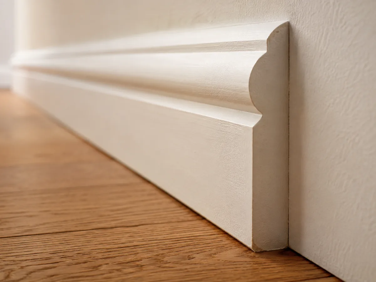 Close-up of ogee baseboard profile with S-curved top edge