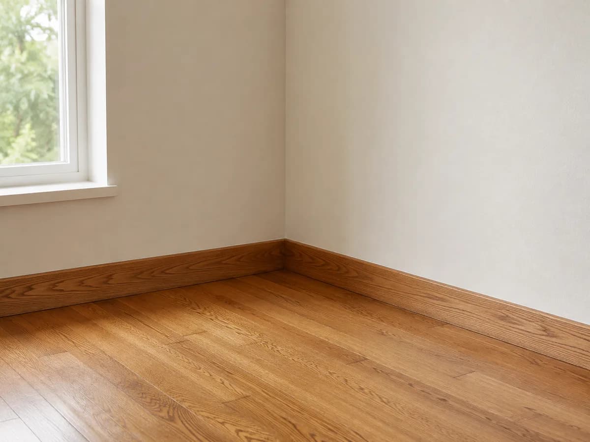 Stained oak baseboard matching hardwood floor tone in craftsman style