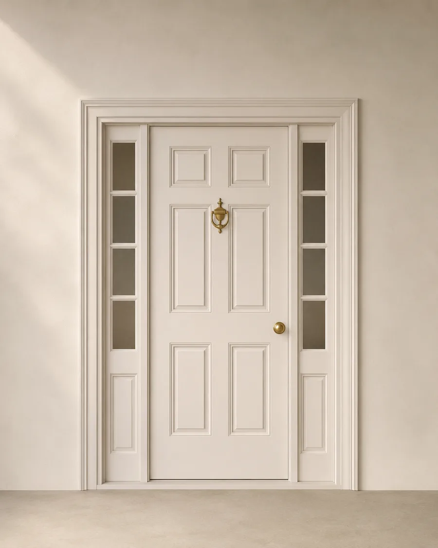 Colonial six-panel front door in warm white with sidelights and brass hardware