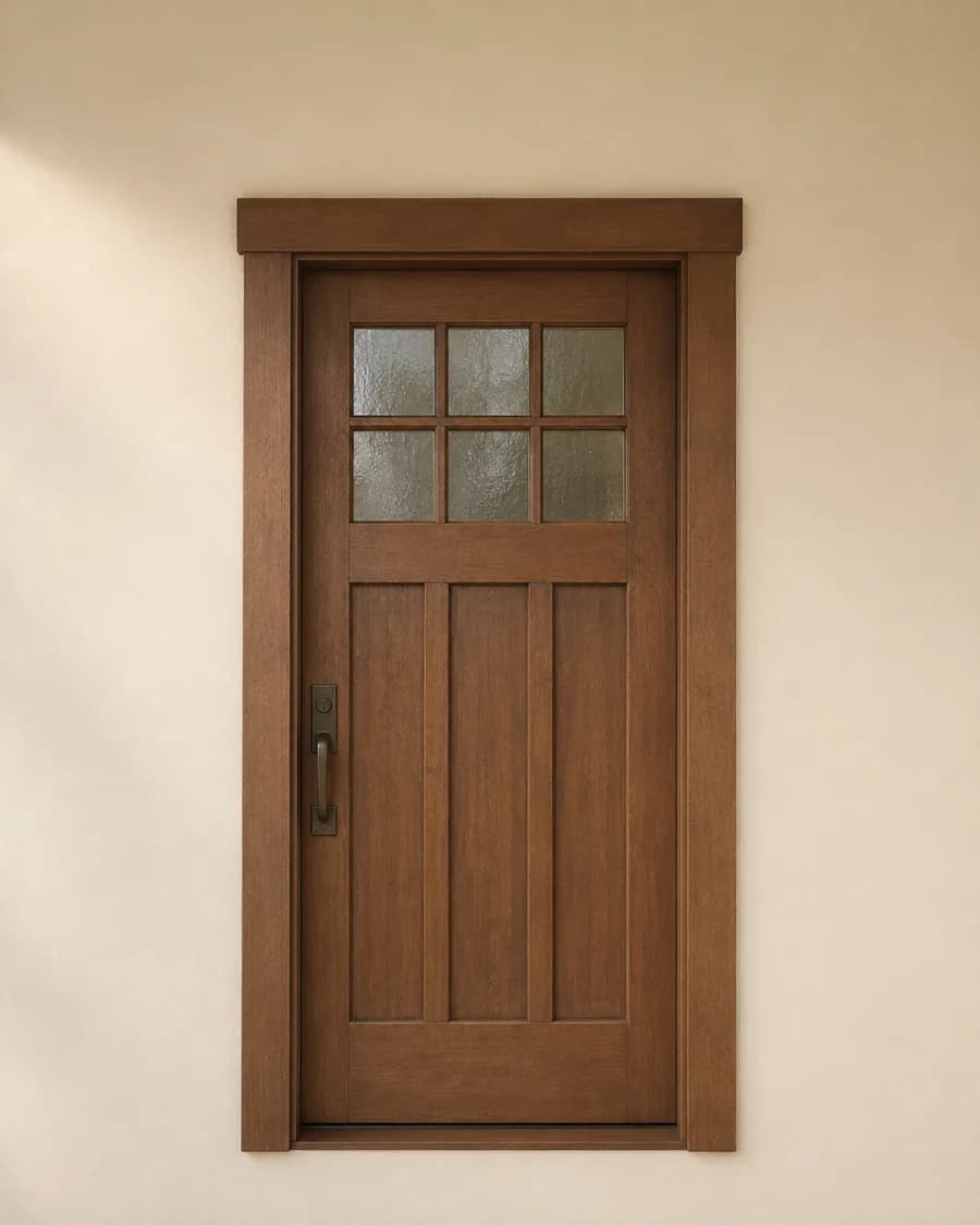 Craftsman front door with divided glass panels, solid wood, and wide flat trim