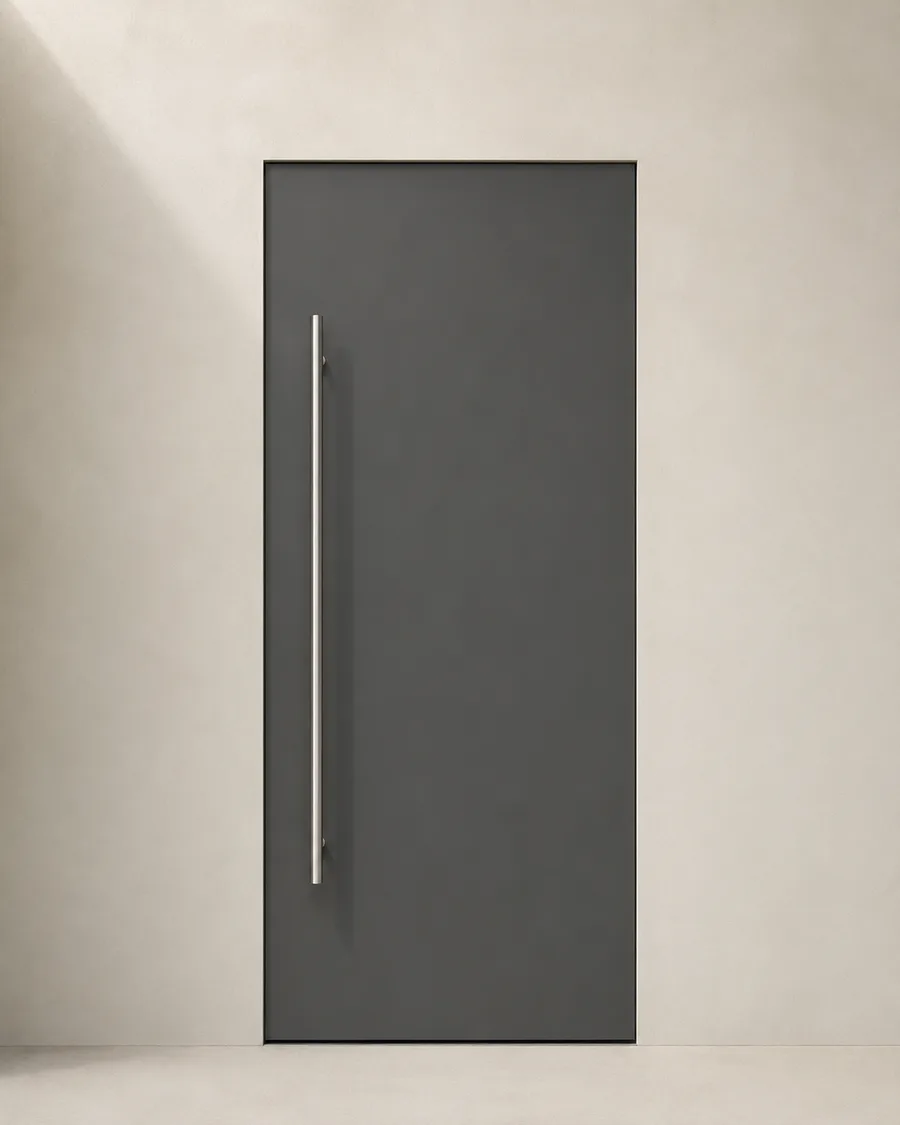 Sage green farmhouse front door with X-brace detail and matte black hardware