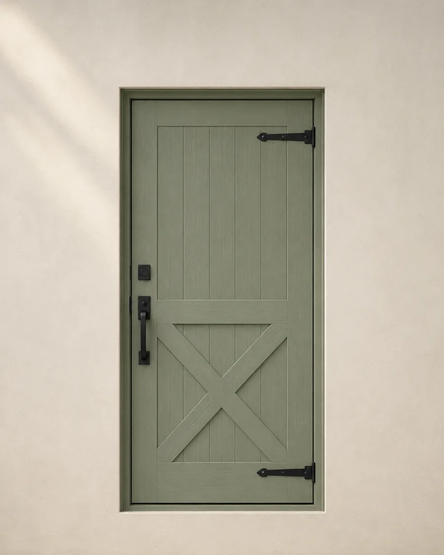 Modern flush slab front door in matte charcoal with vertical steel pull bar