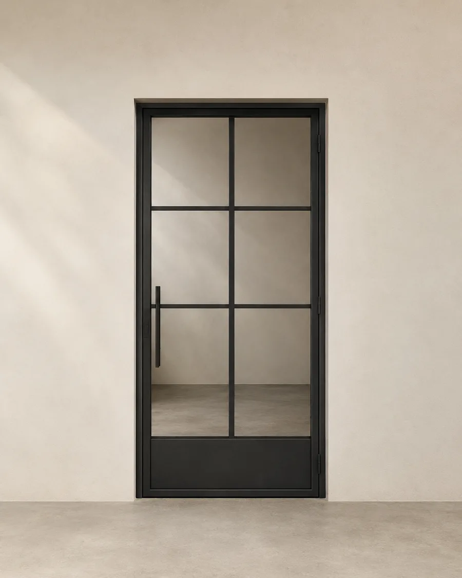 Steel and glass front door with thin black industrial grid frame