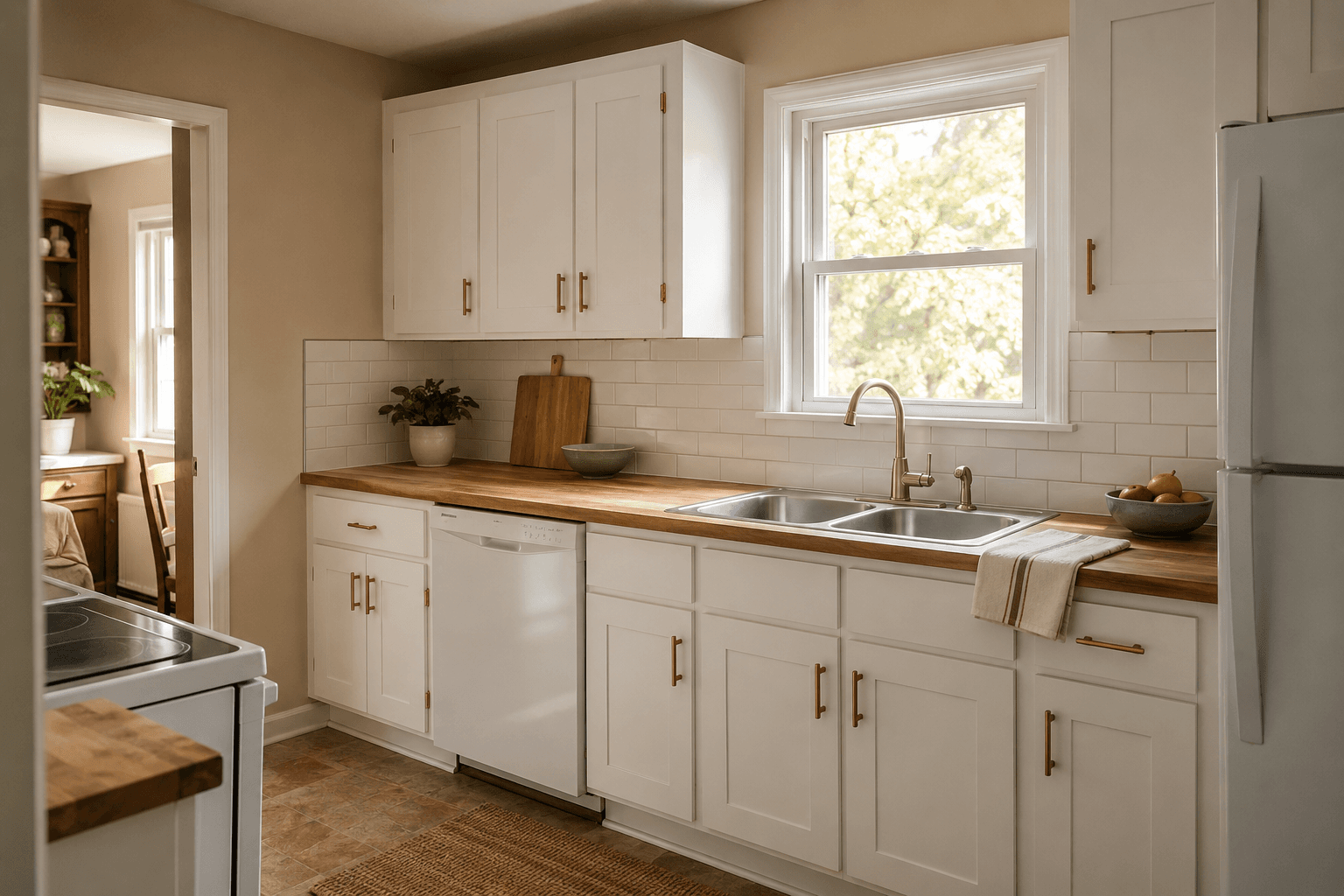 A minor kitchen remodel: refaced cabinets and new counters on the existing layout