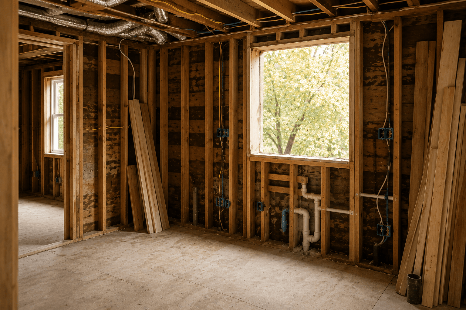 A full gut remodel with the space stripped to the studs for all-new structure and systems