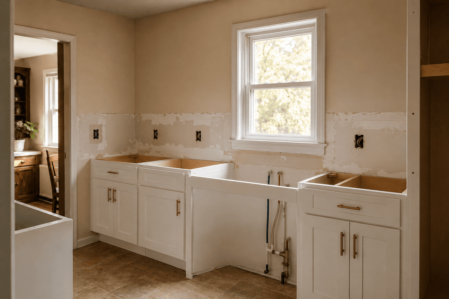 A renovated kitchen with new cabinetry, stone counters, and updated plumbing and lighting