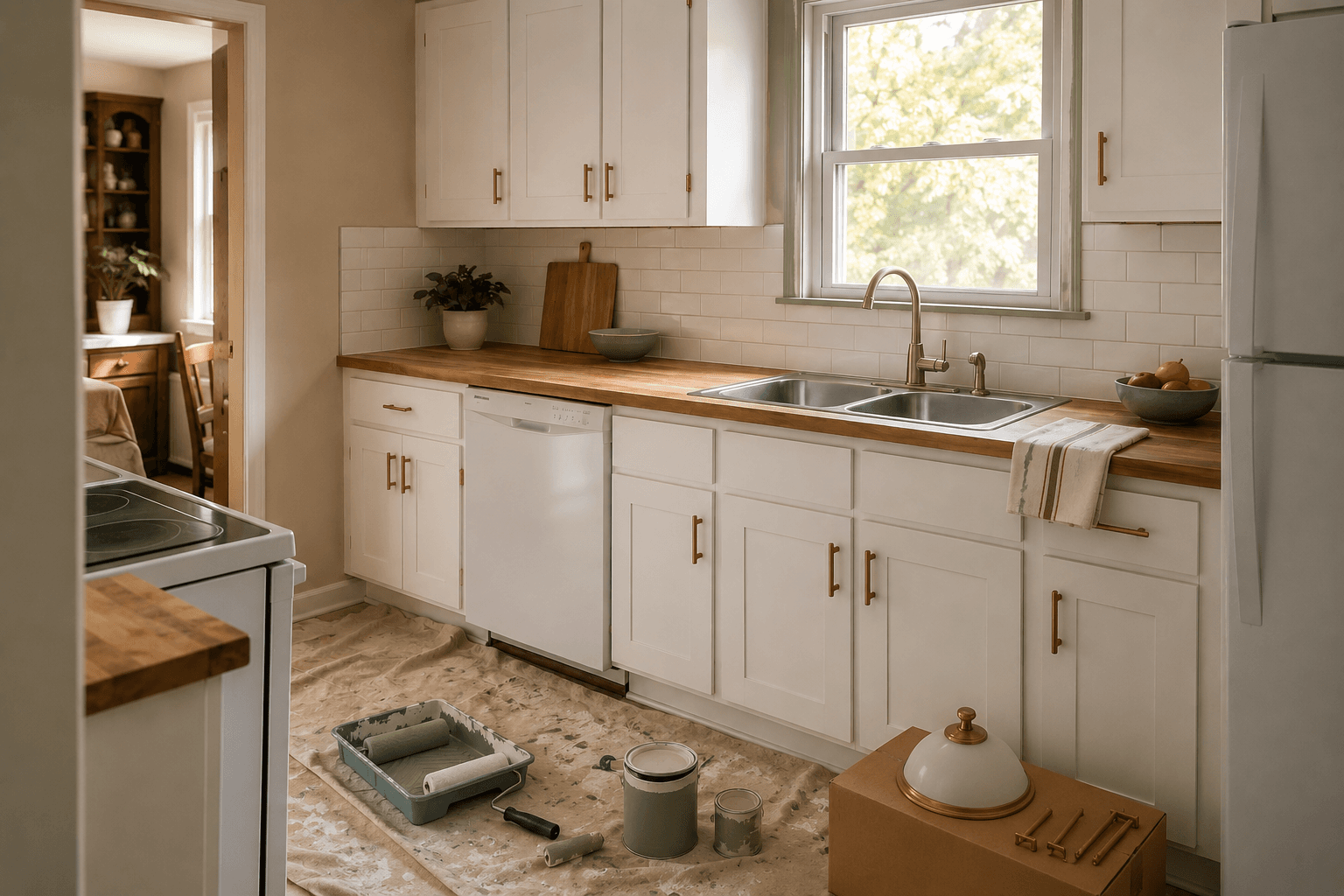 A lightly refreshed room with new paint, updated fixtures, and new flooring on the existing layout