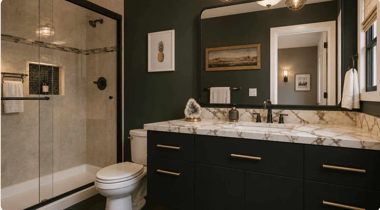 Bathroom concept from a Formaus Style Board in the Moody Prairie Modern style