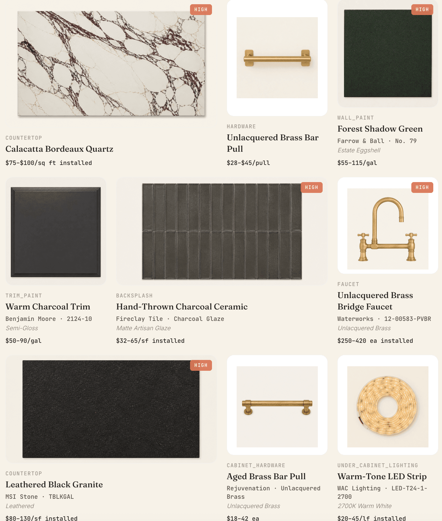 Formaus Style Board material cards showing brand-name products with installed price ranges